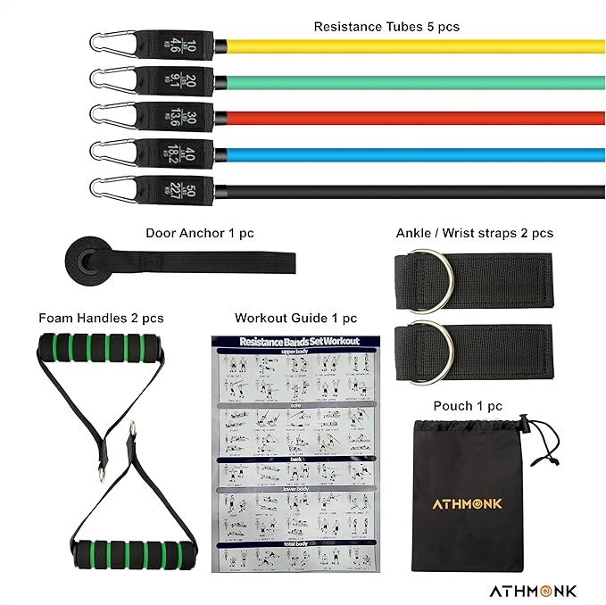 Athmonk Resistance Tube Band Set of 11 pcs - Resistance Bands for Men Women - with Toning Tubes, Door Anchor, Foam Handles, Ankle Straps, Workout Guide - 150 lbs